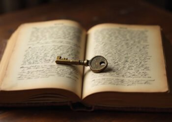 Une clé ancienne posée sur un vieux livre ouvert à deux colonnes manuscrites, sans aucune serrure dans le cadre, clé des songes