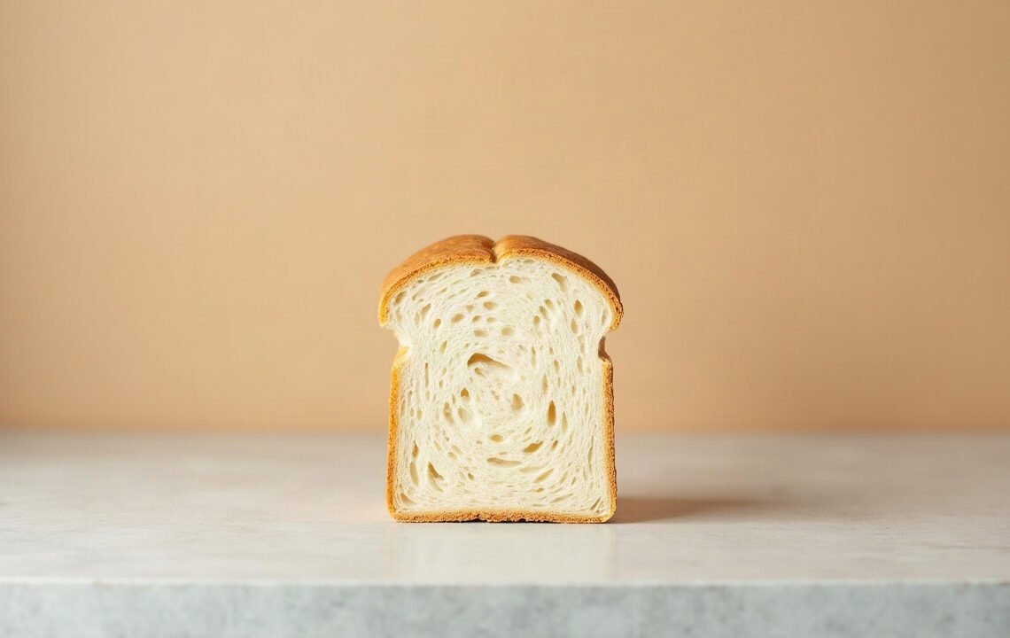Consommation de sel : sans rien demander 1 Tranche de pain claire posée seule sur un plan de travail nu et vide, consommation de sel