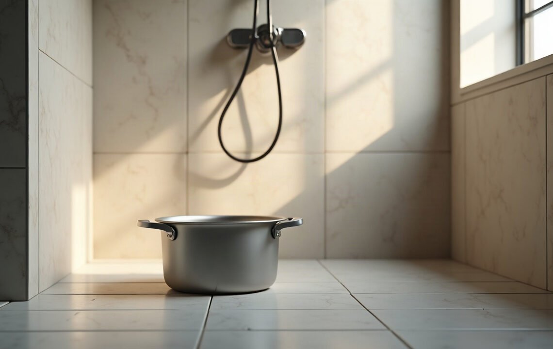 Casserole vide posée au sol d’une douche, sous le mitigeur : eau chaude du robinet
