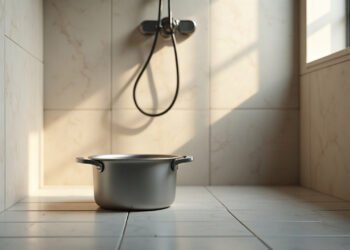 Casserole vide posée au sol d’une douche, sous le mitigeur : eau chaude du robinet