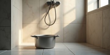 Casserole vide posée au sol d’une douche, sous le mitigeur : eau chaude du robinet