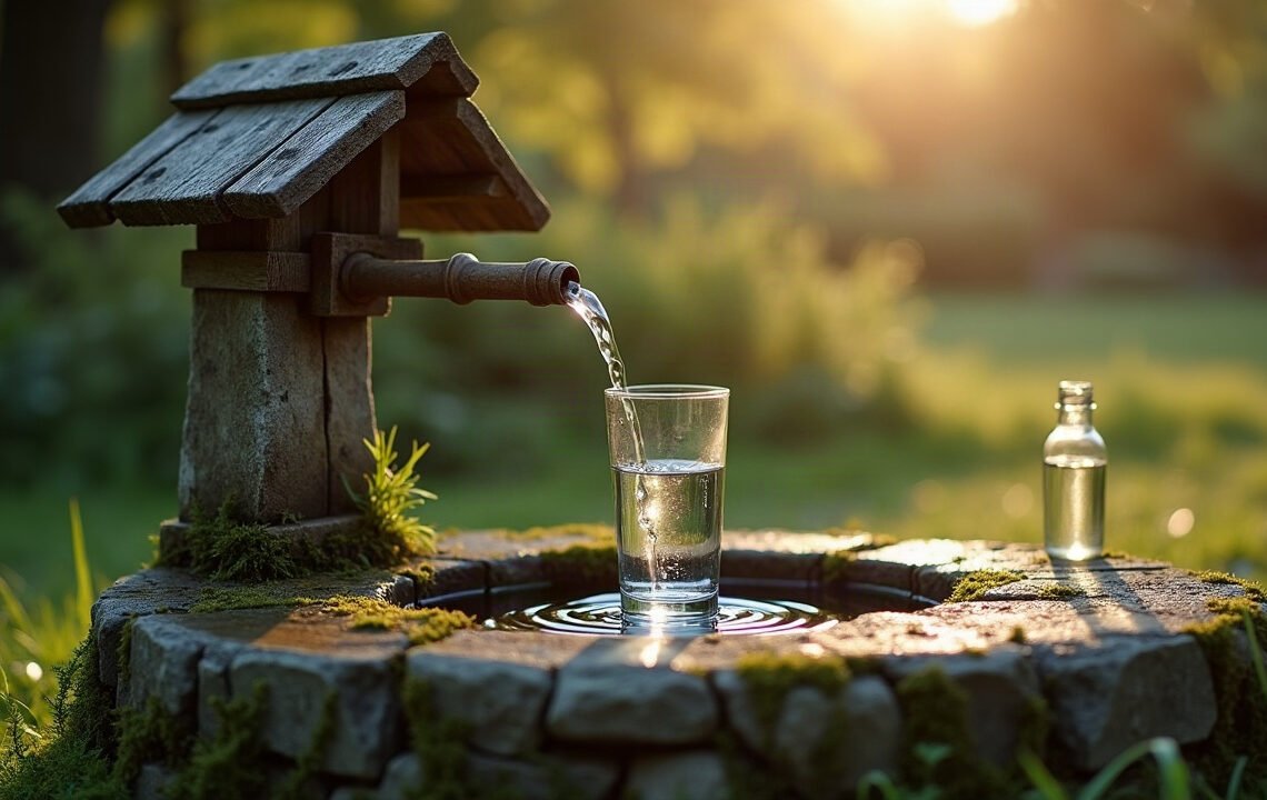 Un verre d’eau limpide et un flacon de prélèvement inutilisé sur la margelle d’un puits de jardin : eau de puits