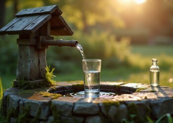 Un verre d’eau limpide et un flacon de prélèvement inutilisé sur la margelle d’un puits de jardin : eau de puits