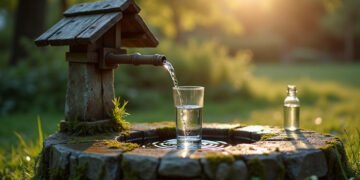Un verre d’eau limpide et un flacon de prélèvement inutilisé sur la margelle d’un puits de jardin : eau de puits