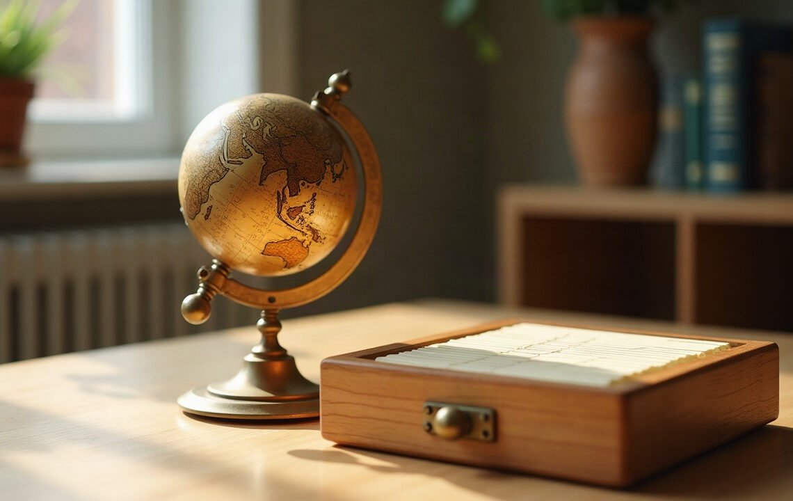 Un globe ancien en laiton et un fichier de fiches cartonnées côte à côte sur une table claire : effet Mars
