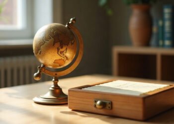 Un globe ancien en laiton et un fichier de fiches cartonnées côte à côte sur une table claire : effet Mars