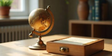 Un globe ancien en laiton et un fichier de fiches cartonnées côte à côte sur une table claire : effet Mars