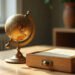 Un globe ancien en laiton et un fichier de fiches cartonnées côte à côte sur une table claire : effet Mars