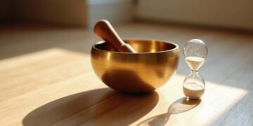 Exposition au bruit : il existe une dose 8 Bol chantant en laiton et sablier sur un parquet clair, exposition au bruit