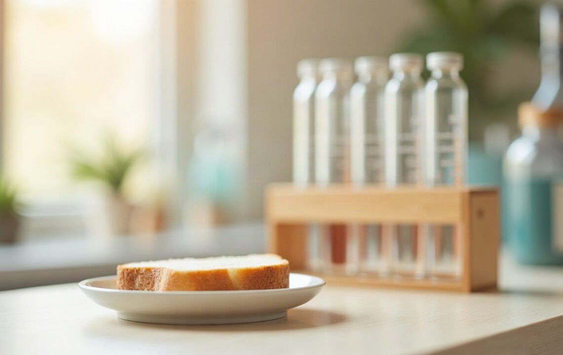 Tranche de pain blanc sur une assiette et portoir de tubes en verre identiques, lumiere du matin : index glycémique