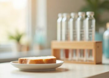 Tranche de pain blanc sur une assiette et portoir de tubes en verre identiques, lumiere du matin : index glycémique