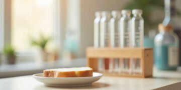 Tranche de pain blanc sur une assiette et portoir de tubes en verre identiques, lumiere du matin : index glycémique