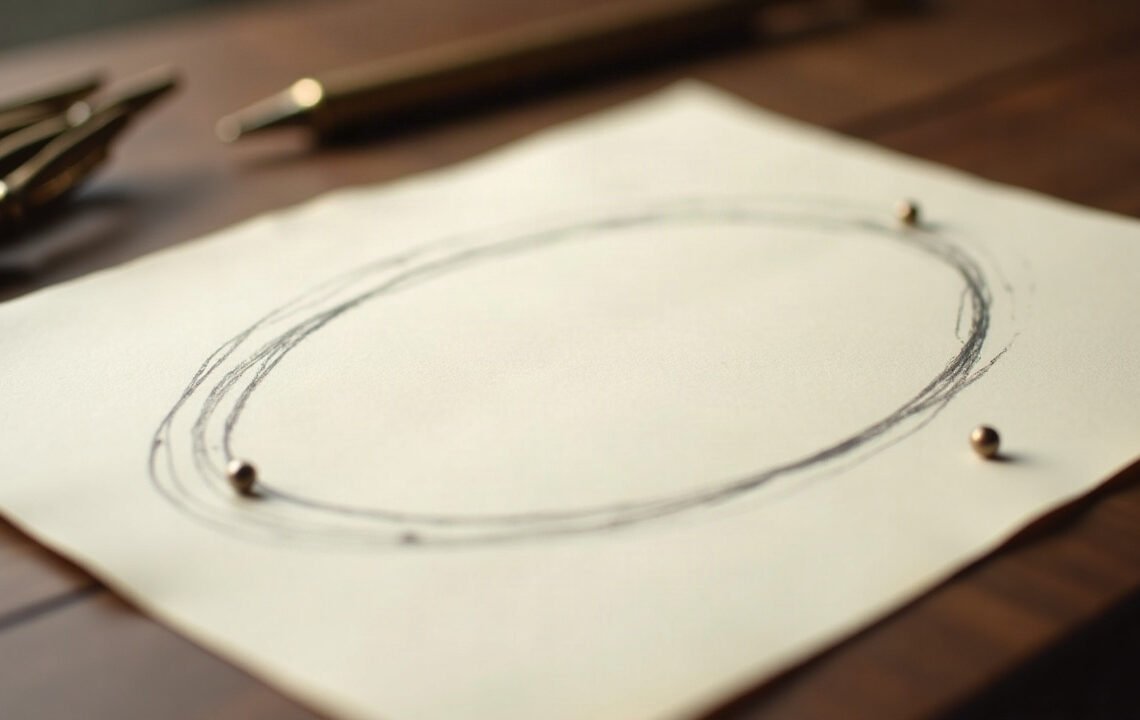 Tracé d’une orbite elliptique au crayon avec plusieurs repères identiques posés à des endroits différents de la même courbe , lune noire Lilith