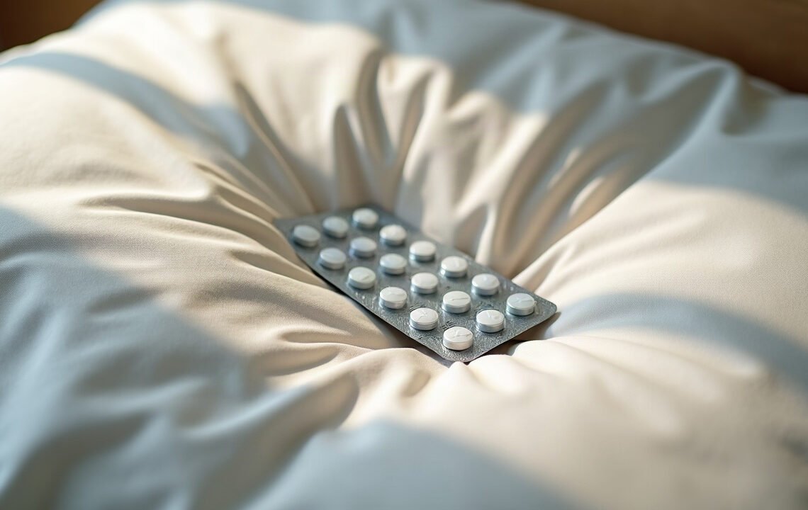 Plaquette de comprimés intacte posée sur un oreiller froissé, aucun comprimé retiré , médicaments et rêves