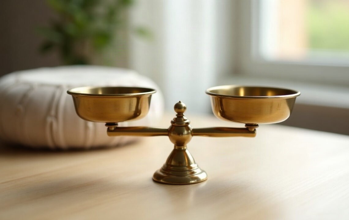 Méditation et douleur chronique : l’OMS s’abstient 1 Balance en laiton en équilibre parfait devant un coussin de méditation, méditation et douleur chronique