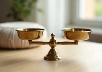 Balance en laiton en équilibre parfait devant un coussin de méditation, méditation et douleur chronique