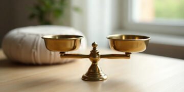 Méditation et douleur chronique : l’OMS s’abstient 5 Balance en laiton en équilibre parfait devant un coussin de méditation, méditation et douleur chronique