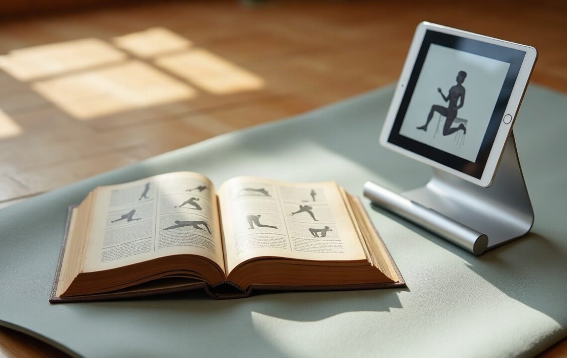 Vieux livre d’exercices ouvert et tablette sur un tapis, pilates en ligne