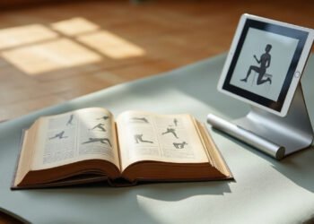 Vieux livre d’exercices ouvert et tablette sur un tapis, pilates en ligne