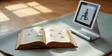 Vieux livre d’exercices ouvert et tablette sur un tapis, pilates en ligne