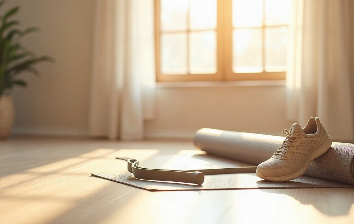 Tapis de Pilates roulé, chaussure de marche et bande élastique posés côte à côte sur un parquet clair : pilates et arthrose