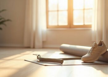Tapis de Pilates roulé, chaussure de marche et bande élastique posés côte à côte sur un parquet clair : pilates et arthrose