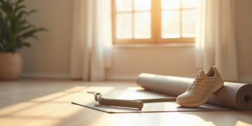 Tapis de Pilates roulé, chaussure de marche et bande élastique posés côte à côte sur un parquet clair : pilates et arthrose