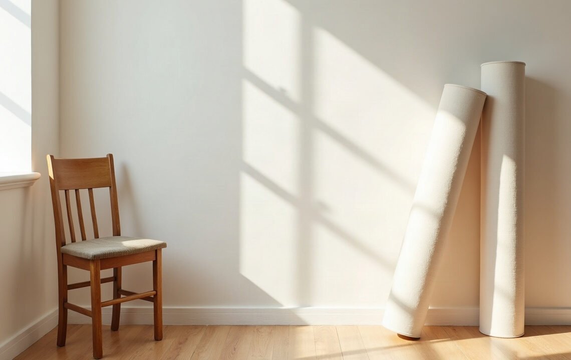 Pilates pour seniors : l’équilibre s’entraîne debout 1 Tapis de Pilates roulés debout contre un mur clair, à côté d’une chaise en bois dans la lumière du matin : pilates pour seniors