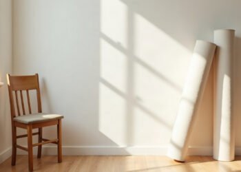 Tapis de Pilates roulés debout contre un mur clair, à côté d’une chaise en bois dans la lumière du matin : pilates pour seniors