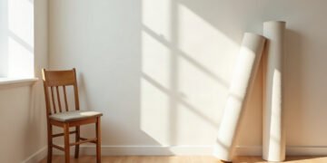 Tapis de Pilates roulés debout contre un mur clair, à côté d’une chaise en bois dans la lumière du matin : pilates pour seniors
