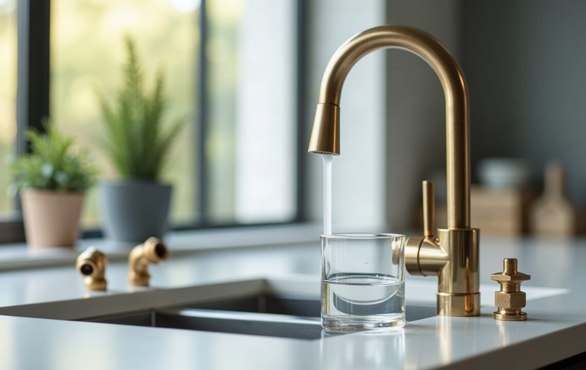 Plomb dans l’eau : même dans le neuf 1 Robinet mitigeur en laiton neuf et raccords en laiton sur un plan de travail : plomb dans l’eau du robinet