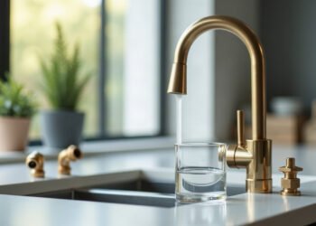 Robinet mitigeur en laiton neuf et raccords en laiton sur un plan de travail : plomb dans l’eau du robinet