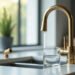 Robinet mitigeur en laiton neuf et raccords en laiton sur un plan de travail : plomb dans l’eau du robinet