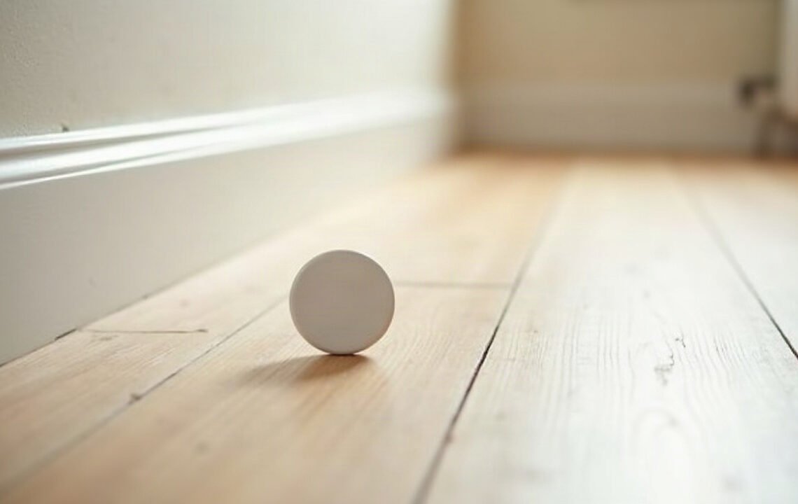 Radon dans le logement : mesurer, pas supposer 1 Dosimètre radon posé au sol le long d’une plinthe dans une pièce vide, radon dans le logement