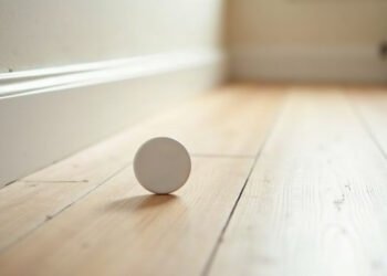 Dosimètre radon posé au sol le long d’une plinthe dans une pièce vide, radon dans le logement