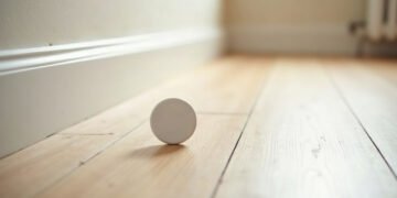Radon dans le logement : mesurer, pas supposer 5 Dosimètre radon posé au sol le long d’une plinthe dans une pièce vide, radon dans le logement