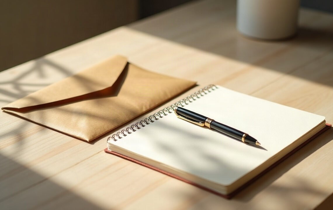 Enveloppe fermée dans l’ombre et carnet ouvert en pleine lumière sur une table claire, reconnaissance dans le couple