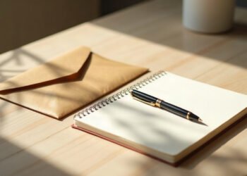 Enveloppe fermée dans l’ombre et carnet ouvert en pleine lumière sur une table claire, reconnaissance dans le couple