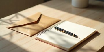 Enveloppe fermée dans l’ombre et carnet ouvert en pleine lumière sur une table claire, reconnaissance dans le couple