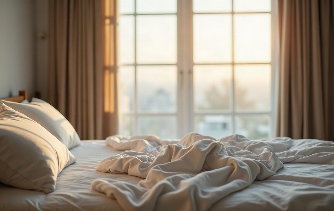 Lit vide au petit matin, draps rejetés et oreiller encore creusé, personne dans la pièce, rêves des enfants
