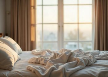 Lit vide au petit matin, draps rejetés et oreiller encore creusé, personne dans la pièce, rêves des enfants