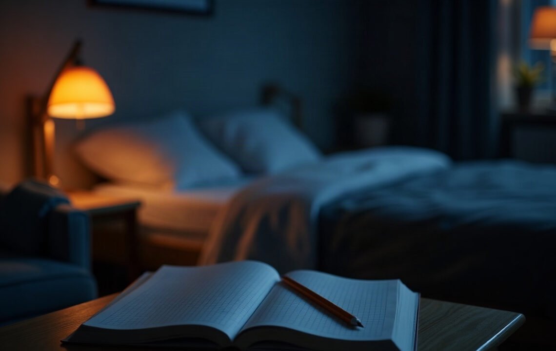 Agenda du sommeil ouvert sur une table de nuit devant un lit vide, thérapie cognitivo-comportementale de l’insomnie