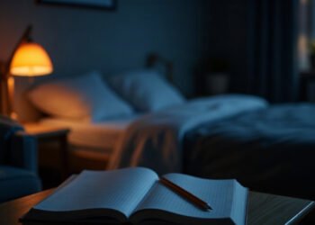 Agenda du sommeil ouvert sur une table de nuit devant un lit vide, thérapie cognitivo-comportementale de l’insomnie