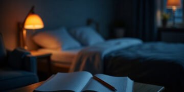 Agenda du sommeil ouvert sur une table de nuit devant un lit vide, thérapie cognitivo-comportementale de l’insomnie
