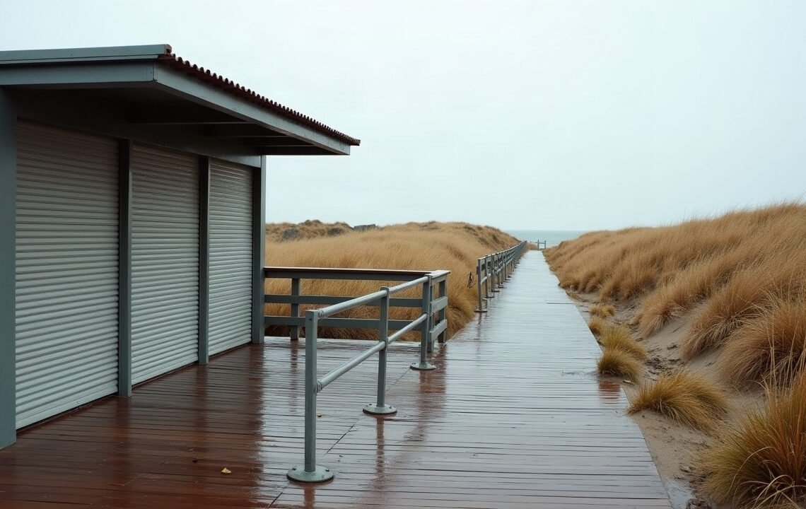 Kiosque fermé et barrières vides sur un ponton littoral désert en octobre, illustration de voyager hors saison