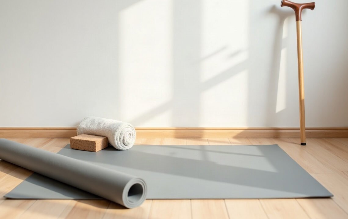 Yoga et ostéoporose : l’interdit visait ailleurs 1 Tapis de yoga deroule au sol et canne posee contre le mur , yoga et ostéoporose