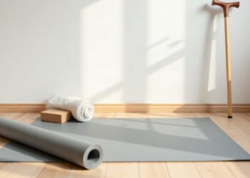 Tapis de yoga deroule au sol et canne posee contre le mur , yoga et ostéoporose