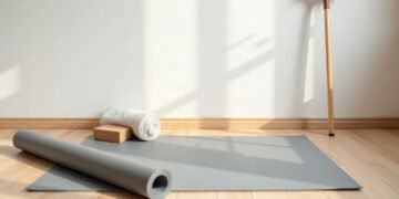 Yoga et ostéoporose : l’interdit visait ailleurs 2 Tapis de yoga deroule au sol et canne posee contre le mur , yoga et ostéoporose